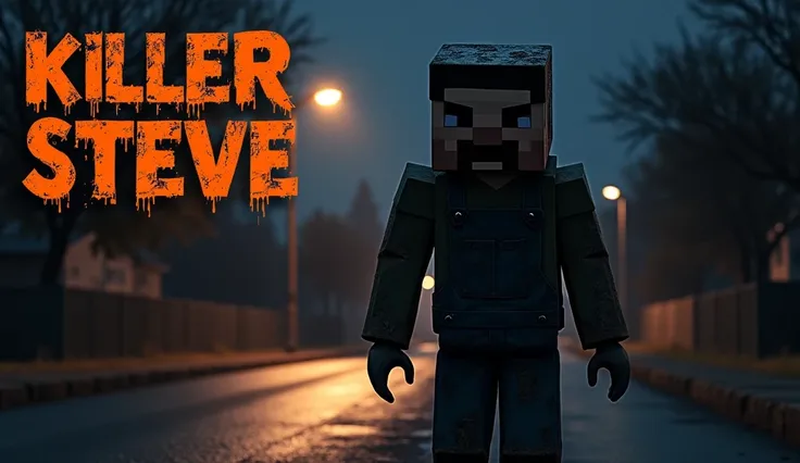 A dark and eerie nighttime street scene with a menacing figure in the foreground wearing a weathered Minecraft mask and dirty overalls. The figure is illuminated by dim, warm streetlights casting long shadows. The background showcases a desolate road, fadi...