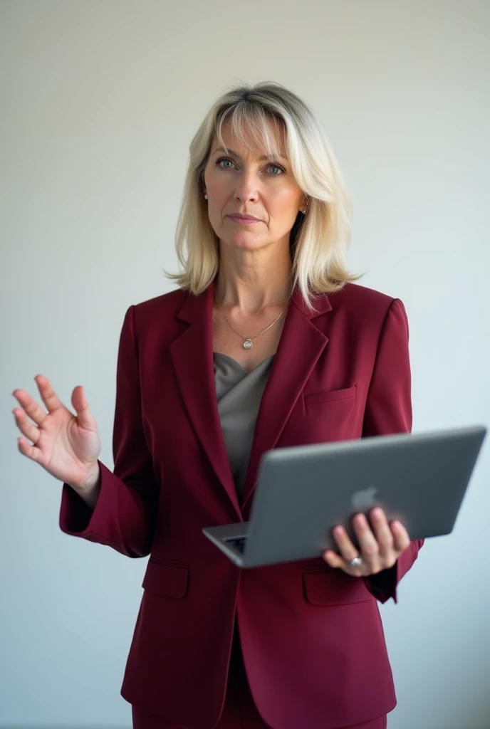 A 45-year-old woman of medium build with light blonde shoulder-length hair (no bangs), gray-blue eyes, and a slightly fuller chest. She is wearing a dark red business suit. Against a bright neutral background, she is holding a slim laptop in one hand while...