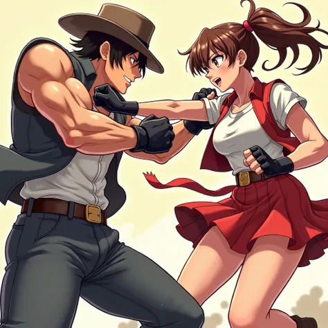 Japanese anime-style cowboy shot illustration 、Battle of the Sexes 、 Female fighter in a miniskirt defending against male attacks with her arms in the Street Fighter worldview、 Male Attack Hit Effects、Fingerless gloves、male punch attack