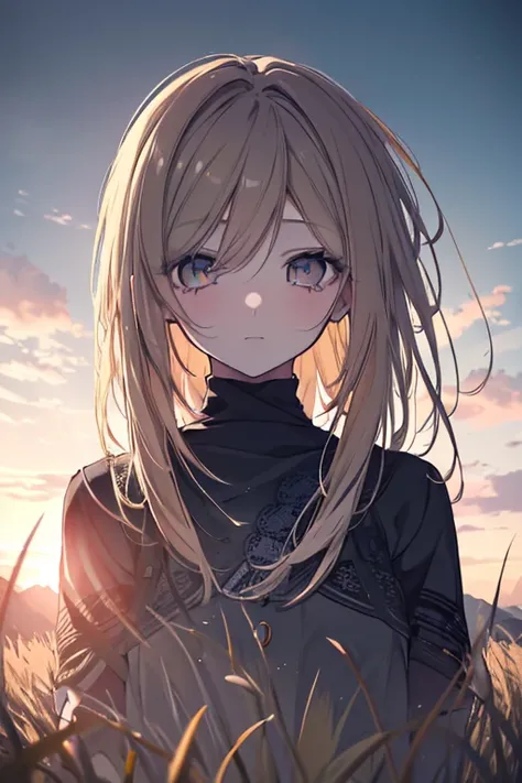 a young girl alone in a field, loneliness, melancholy, detailed facial features, beautiful eyes, 1girl, cinematic lighting, golden hour, dramatic shadows, muted color palette, atmospheric, photorealistic, 8k, high quality, intricate details, masterpiece