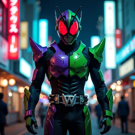 Kamen Rider W
One Right Side is Green 
Another One Left Side is Dark Purple 
Red Eyes 
Have a W Code Belt 
Location in the Tokyo Japan 
