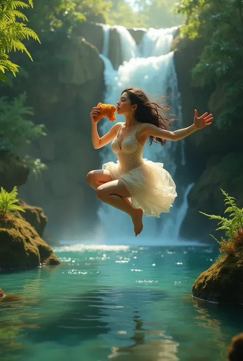 surreal,  scene of a beautiful woman having fried chicken wings , flying over the surface of clear water ,  waterfall in the midst of fern plants and lush green bushes in the background,  including mossy rocks next to the waterfall 