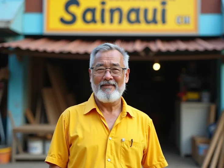 thai man 40 age with a beard and a yellow shirt stands in front of a construction supply store called Saimai Construction.