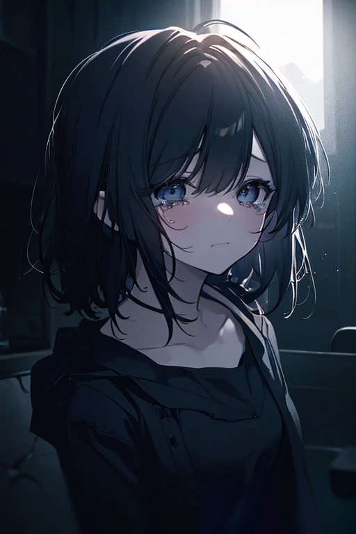 a girl in a dark room, upset expression, crying, tears, looking down, tight framing, dramatic lighting, moody atmosphere, cinematic, chiaroscuro, 8k, highly detailed, photorealistic