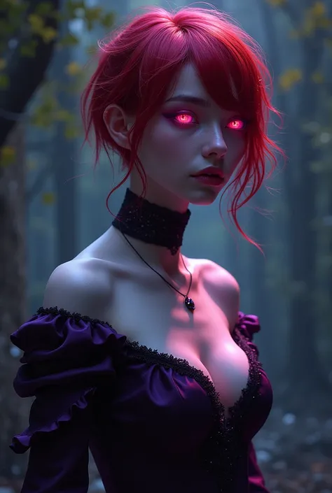 Beautiful  girl
Pale white skin
Pink eyes
Bright blood red hair 
Short hair 
Cold and sharp look 
Wearing a tight purple gothic dress