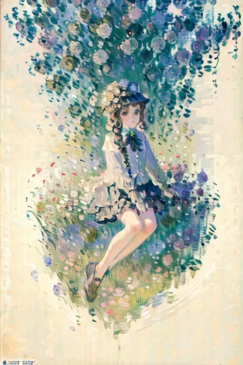 (art by Claude Monet:1.4),Impressionism,leinairisme,solo,1female(chibi,cute,kawaii,age of 10,hair color white,braid hair,messy hair,eye color gray,big eyes,white skin,(monochrome:1.2),lean on,(full body:1.5)),background((many beautiful flowers and petal:1....