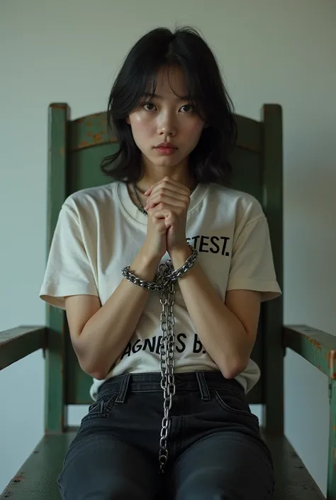 ((photograph))､(((Genuine)))､(((An 18-year-old girl is strapped to a small electric chair)))､ (She has handcuffs on her wrists)､(((Handcuffed on both hands、The handcuffs are connected by chains)))､((( Japanese 1 girl girls wearing a crotch chain)))､Japanes...