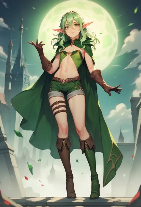 Fantasy Anime, Hayelfarherr, High Elf Archer, elf, (Green eyes:1.5), green hair, Hair between the eyes, hairlong, pointed ears, side locks, (flat chest:1.2), Asymmetrical Clothing break, knee boots, cloak, elf, gloves, Green thighs, highheels, Shorts, thig...