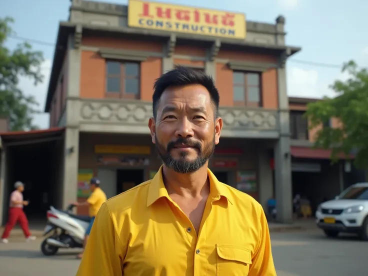 thai man 30 age with a beard and a yellow shirt stands in front of a construction supply store called Saimai Construction.