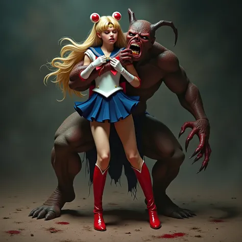 Sailor Moon is captured by a big fierce devil and standing on the dirt, a young woman is wearing a Sailor Moon costume, Being restrained,((Wearing a Sailor Moon costume, Being restrained)), ((Blue sailor collar, Navy blue short pleated skirt:1.9)), Long wh...