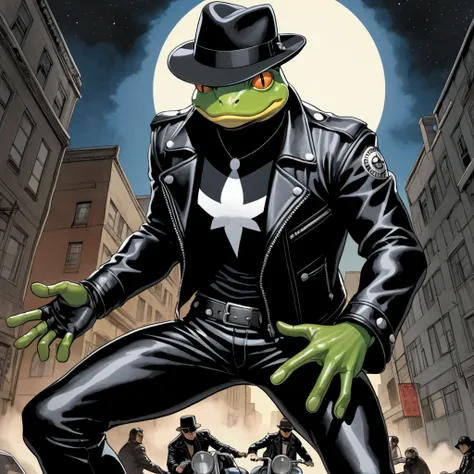 Closeup, comic book art style, An extremely badass anthropomorphic light blue and white bullfrog taking center stage in an action-packed scene, wearing an insanely cool black leather biker jacket open, black fedora, black shirt, black leather biker gloves,...