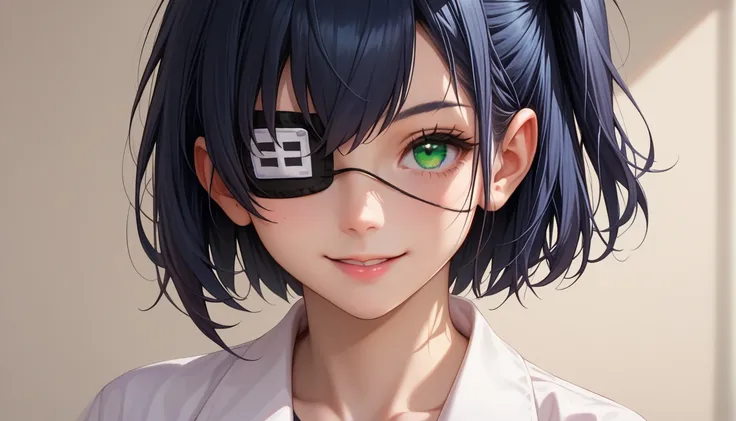 score_9, score_8_up, score_7_up, 1girl, rikka takanashi, short hair, green eyes, black hair, ahoge, one side up, eyepatch, medical eyepatch, looking at viewers, smile, cute