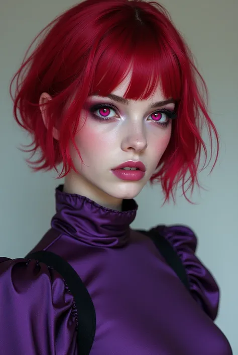 Beautiful  girl
European Italian facial features 
Pale white skin
Pink eyes
Bright blood red hair 
Short hair 
Cold and sharp look 
Wearing a tight purple gothic dress