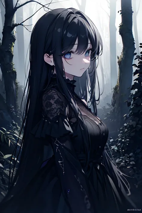 A melancholic woman, beautiful detailed eyes, beautiful detailed lips, extremely detailed face, long eyelashes, sad expression, wearing a black dress, standing alone in a dark, gloomy forest, moonlight shining through the trees, (best quality,4k,8k,highres...