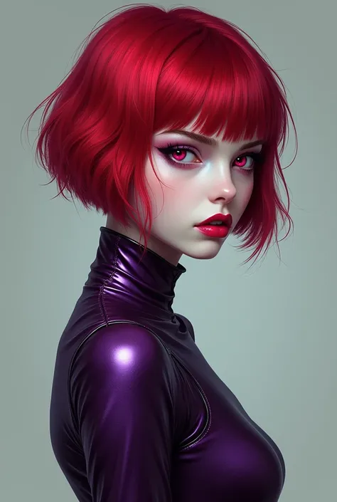 Beautiful  girl
European Italian facial features 
Pale white skin
Pink eyes
Bright blood red hair 
Short hair 
Cold and sharp look 
Wearing a tight purple gothic dress