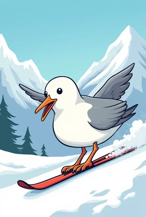 Dessin simple et humouristique dune mouette qui fait du ski