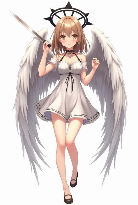 Anime female angel with a black halo and wings and light brown hair holding a knife on a white background from the belly up