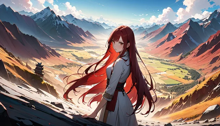 (((masterpiece,  best quality ,  super detailed,  Best Shadow :1.5))), (Detailed and fantastical background,Dark fantasy), ( extremely beautiful and detailed faces ), ((( 1 woman, Alone,dark red hair 、 straight long hair, Sharp Face, Brown Eyes ,  How to d...