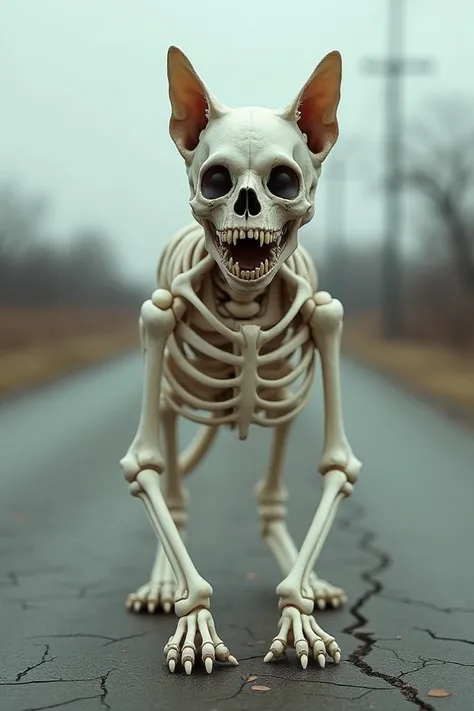 A cat whose body is made of bones is crying on the road, walking on two legs