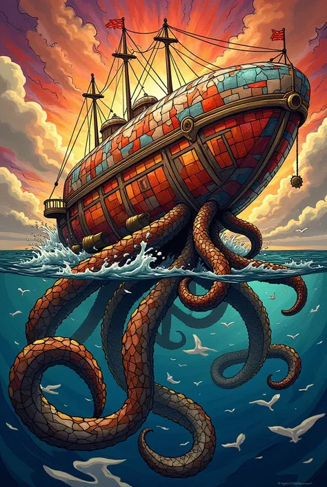 stndglsmtlCE_style A stained-glass kraken emerging from a metallic sea, its tentacles made of coiled brass and copper gripping a shattered airship with glowing red and orange panels; steam rises in translucent clouds, blending with a stained-glass sunset s...