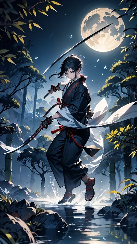 “An intense sword fight between a skilled samurai and a towering, monstrous ‘youkai’ takes place within a dense bamboo forest. The bamboo stalks sway in the breeze, creating a rhythmic sound as the combatants move with blinding speed. The moonlight filters...