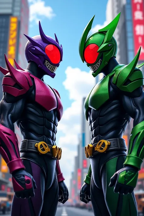 Kamen Rider W
The one on the right is green
The one on the left is dark purple
red eyes
Has a W driver belt
Located in Tokyo, Japan 
