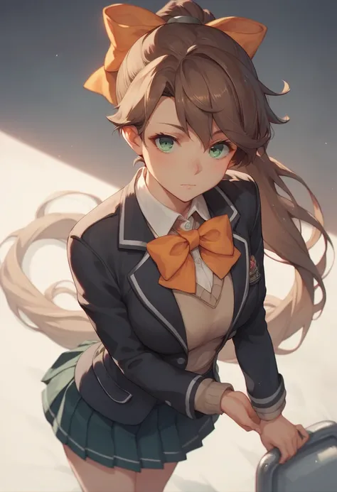  Kantai Collection Kumano 　Ship Kono no Kumano 　 dark brown hair long ponytail 　 has an orange bow around her neck 　uniform　 is wearing a black pleated skirt 　 wearing a black blazer over a light brown sweater　Beautiful green eyes 　 from above