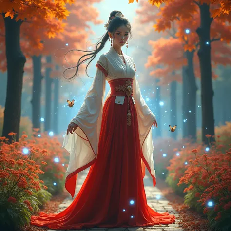 a woman in fantasy life, long red elegantly furisode hakama elite skirt clothes, he was standing on middle between lighting flowers in the park, fireflies, beautiful places, colorful leafs, masterpiece background, his in power up blue lights around himself...