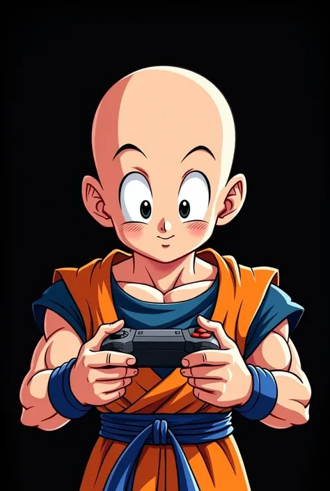 A cartoon of bald Goku playing with a video game controller looking head-on against a black background 
