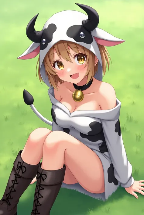  cow cosplay on the grass　woman　 boots　whole body　Yellow Eyes　anime　 light brown hair 　 bob hair　 gym sitting 　Black Ear　Black Horn　collar and bell 　Look forward　smile　Topless