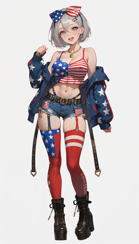 score_9, score_8_up, score_7_up, ((full body shot)), (silver hair), (bob cut:1.2), bang between eyes, silver eyes, 1 beautiful girl, cute face, beautiful face, pretty face, beautiful, middle breasts, BREAK (American flag print big ribbon on head:1.2), plai...