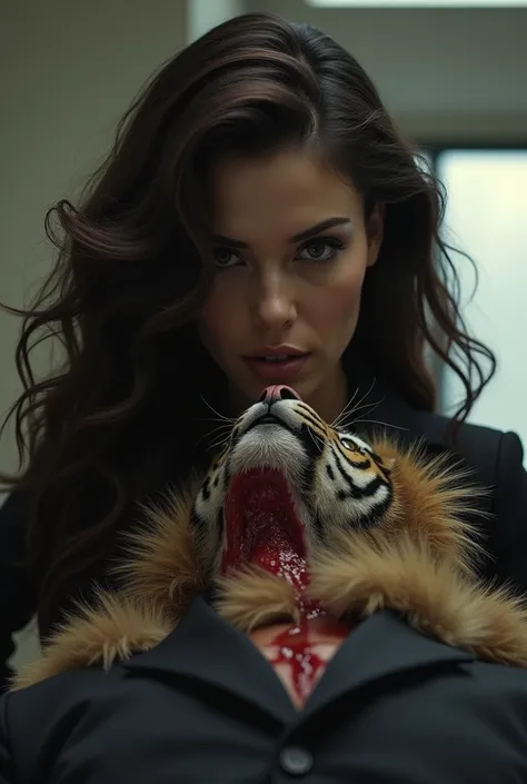 Hight resolution, Realistic, A Very beautiful woman, cut throat a male, male face tiger very furry, neck bloody splash, neck slashed, throat contents, male die, woman knife, woman very thick hair, woman bos office 