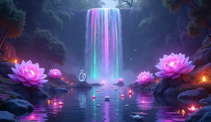  Three Giant Roses Precious Rainbow Color Fluorescent, ( at night), seven rainbow water lilies above water , seven large rainbow light candles ,  in a forest ,  at night,  the sun illuminates the entire forest ,,  a large waterfall of rainbow-colored light...