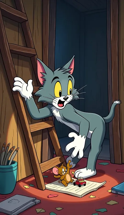 "Tom chases Jerry to the attic but slips from a broken ladder, hurting his paw. Jerry feels bad and uses a toy car to bring a first-aid kit, showing Tom the value of kindness.
