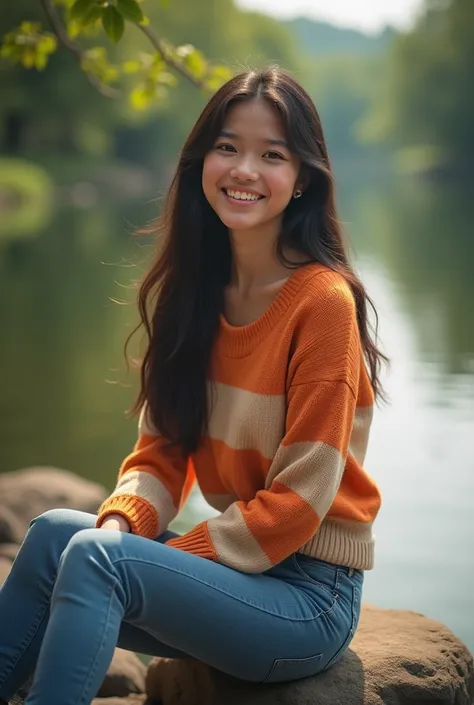  A very beautiful 20-year-old Indonesian woman with smooth skin and long brown to black shiny hair,  and sparkling brown eyes .  She is wearing a bright orange and beige striped knit sweater , blue jeans. He sits by the river on a large rock relaxed or in ...