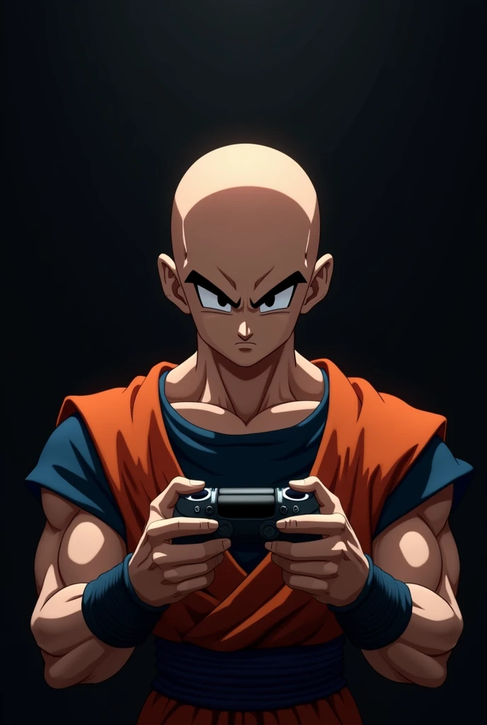 Bald Goku playing with a video game controller looking head-on against a black background  
