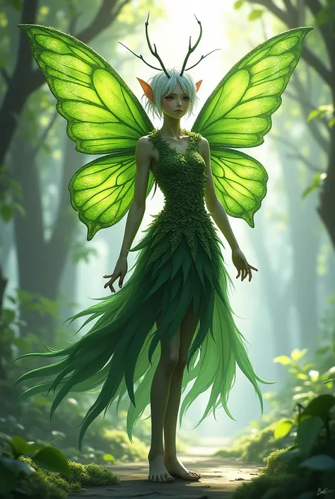 Male pixie, 4 arms, moss clothing, short white hair , antenas ,green butterfly wings, anime artstyle, no realism and barely any shading