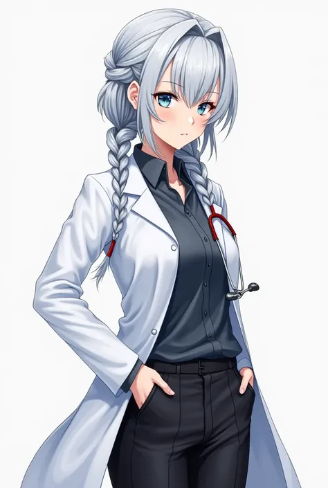 Bride braid hairstyle
Silver hair 
Doctor coat
Black pants
Anime style
