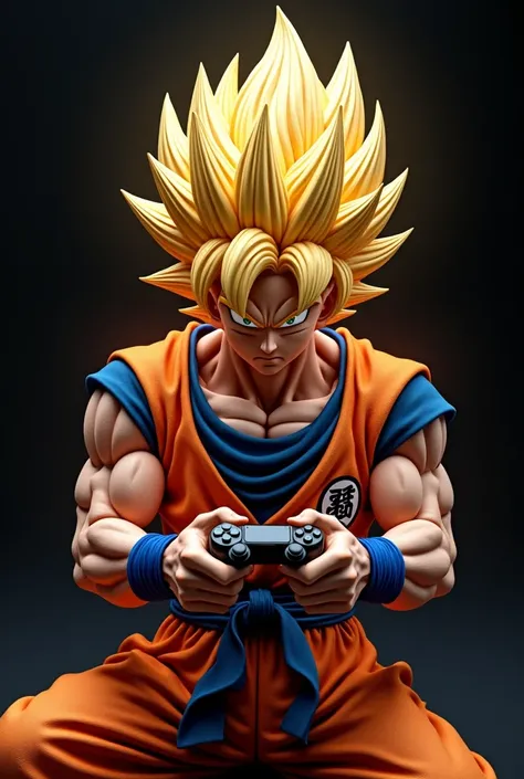 Goku SSJ5 playing with a video game controller looking head-on against a black background  
