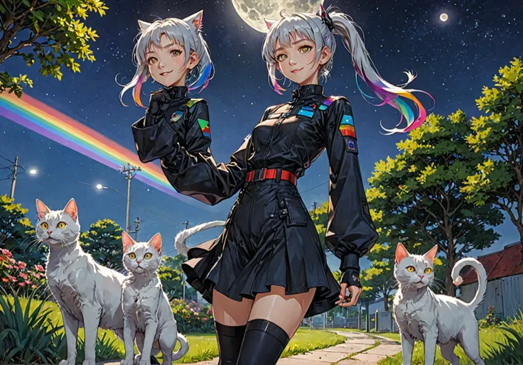 Anime Style,  1 girl ,Playing with cats,Song,smile,garden,moon,star, short bang,  high ponytail , long boots,   Silverhair , Pointy ears, 生物発光する異starのジャングルの奥深く, [ Evangelion : Cyberpunk Edge Runners :0.5],  Reflective Transparent Rainbow Opaque Clothes ,  ...