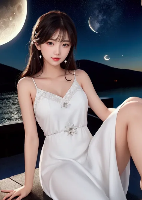   woman sitting on the surface of a large crescent moon、Full stars in the night sky 々 、  cute woman sitting 、  white long dress  