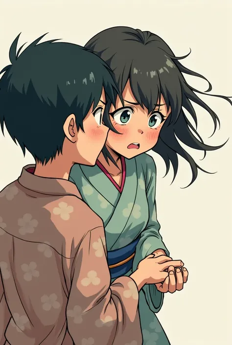 The boy walks away alone while the girl with Yukata prevents him and tries to stop him desperation and sad and worried and crying and begging holding her wrist tightly on her arm anime