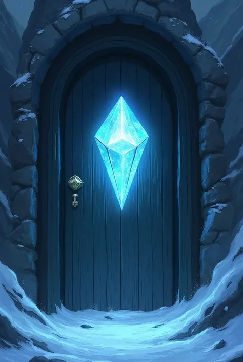 a door with a crystal instead of a door handle in cold tones, the font should be white like doraemons miracle door 