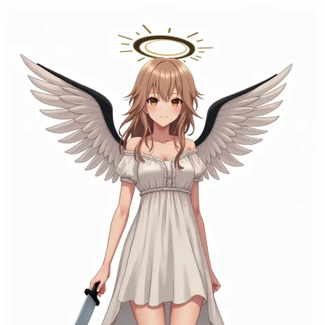 Anime female angel with a black halo and wings and light brown hair holding a knife on a white background from the belly up