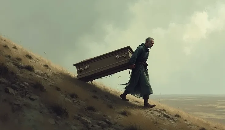  A man pulls a coffin behind him. He is on a hill .  