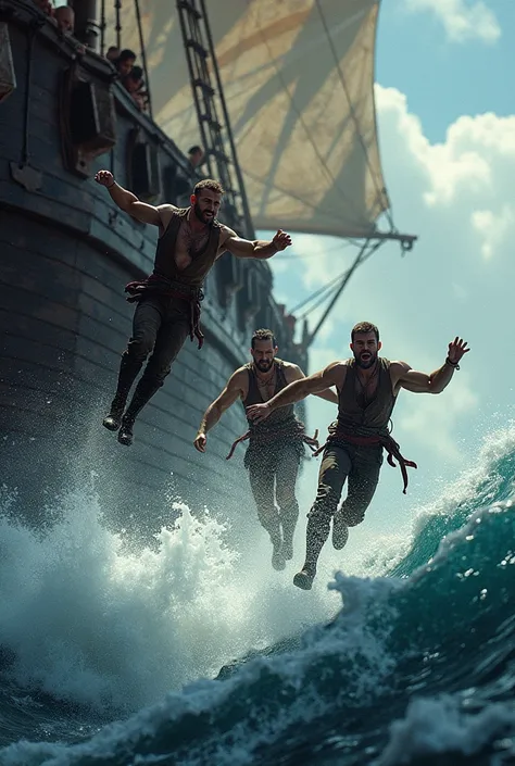 Side scene  :Three men fall off a pirate ship
A fall behind me, their backs towards the sea