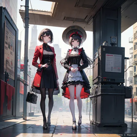 There are two robots standing in the street,  Detailed Steampunk Dress , Cinematic photos,  two women, Inspired by Jean Tabau,  3 women, Terminal, Murloc, Photo taken in 2008, John McCaig, Humanized, 5 0 0 pixel model,  promo photo , 1. Photographs from th...