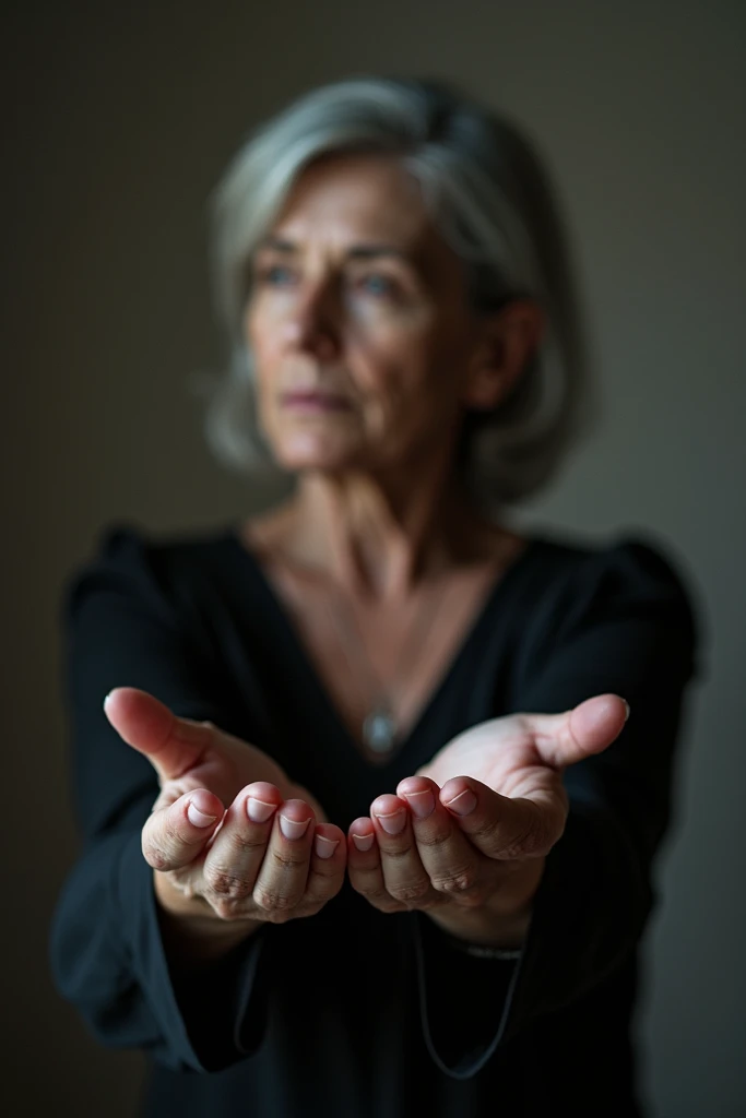 Middle-aged girl standing facing back with zoom on both hands