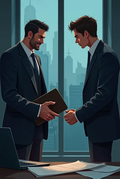 Prompt for Story Background Illustration:

"Create a dramatic and intense illustration depicting a story of betrayal and redemption. The background features a dimly lit office with a sleek desk scattered with papers and a laptop, symbolizing business and p...