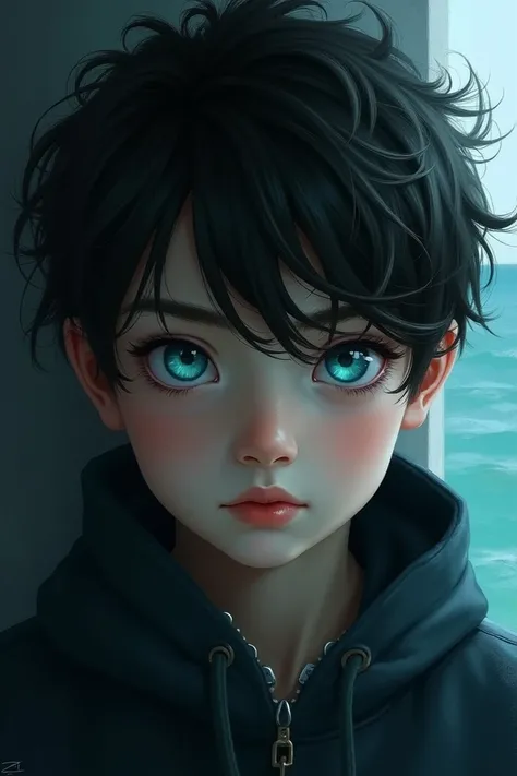 A dark-haired boy with blue, sea-like eyes